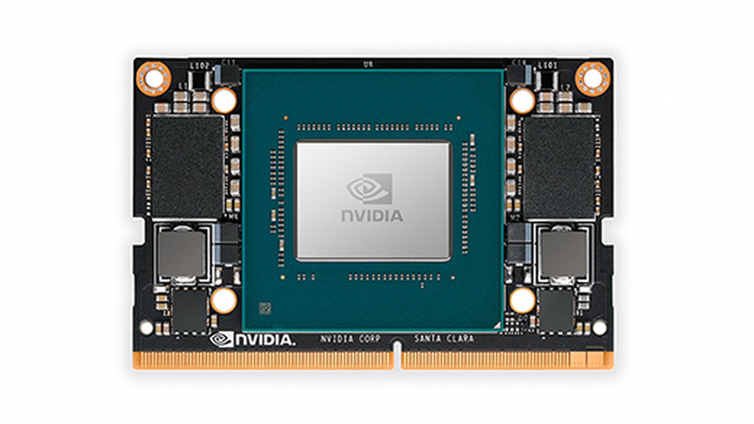 Image showing a system-on-chip, branded with the Nvidia logo. The system is an AI platform called the Nvidia Jetson Xavier NX Module.