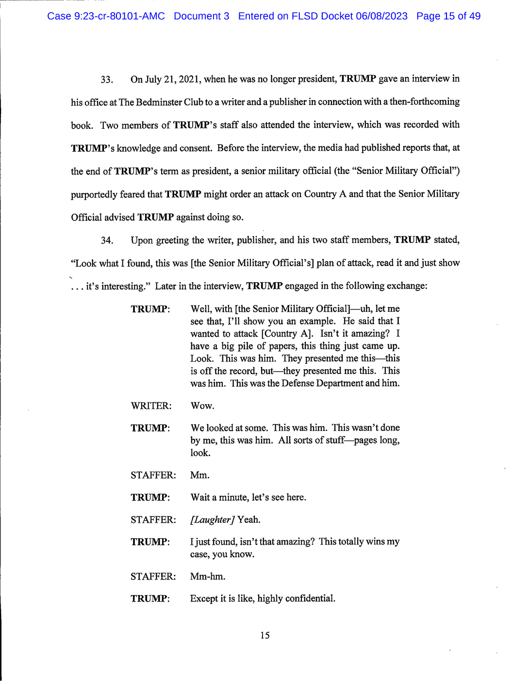 Page 15 of Donald Trump Classified Documents Indictment PDF document.