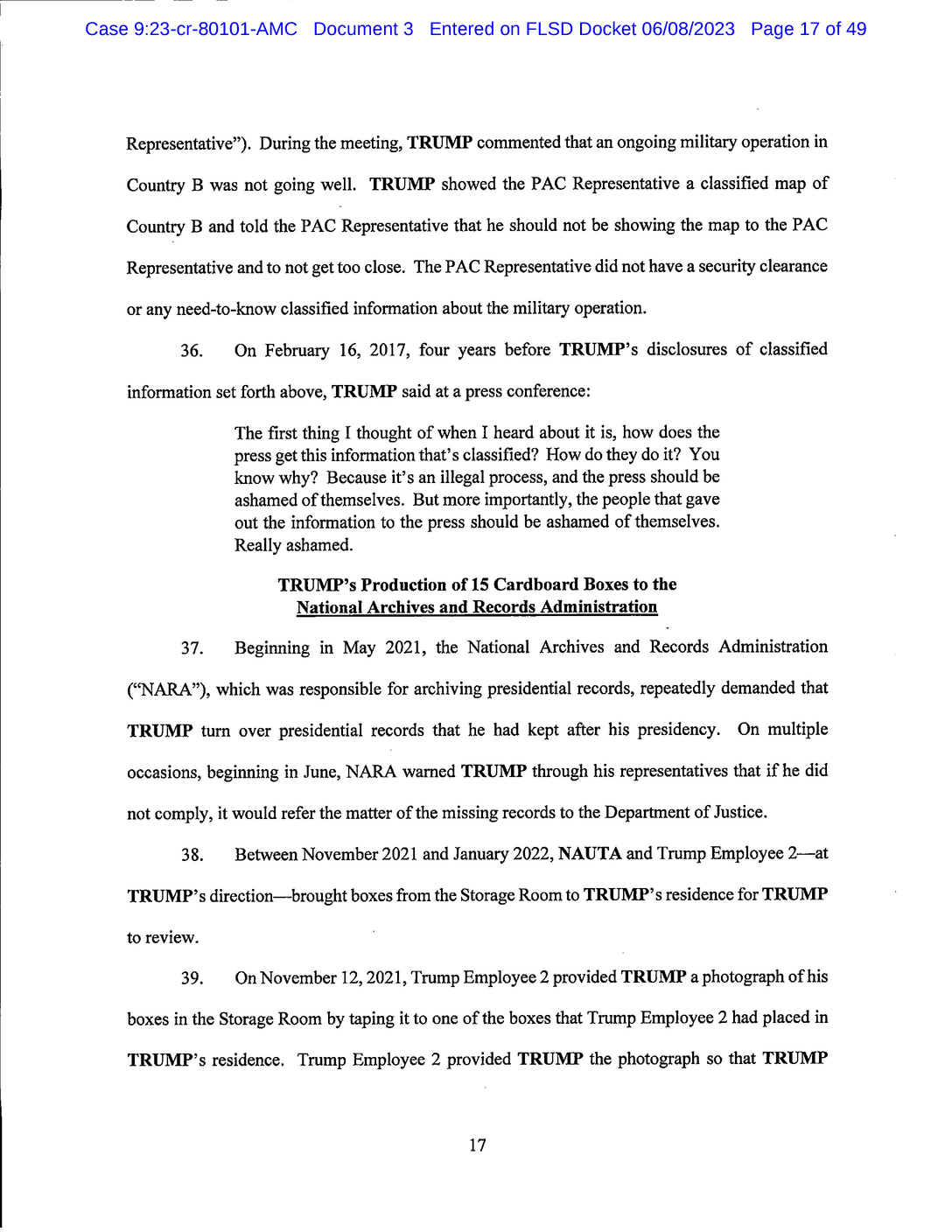 Page 17 of Donald Trump Classified Documents Indictment PDF document.