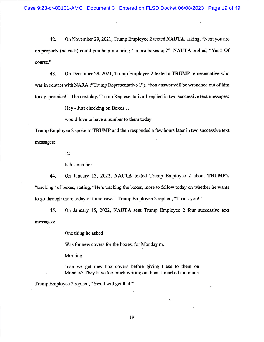 Page 19 of Donald Trump Classified Documents Indictment PDF document.