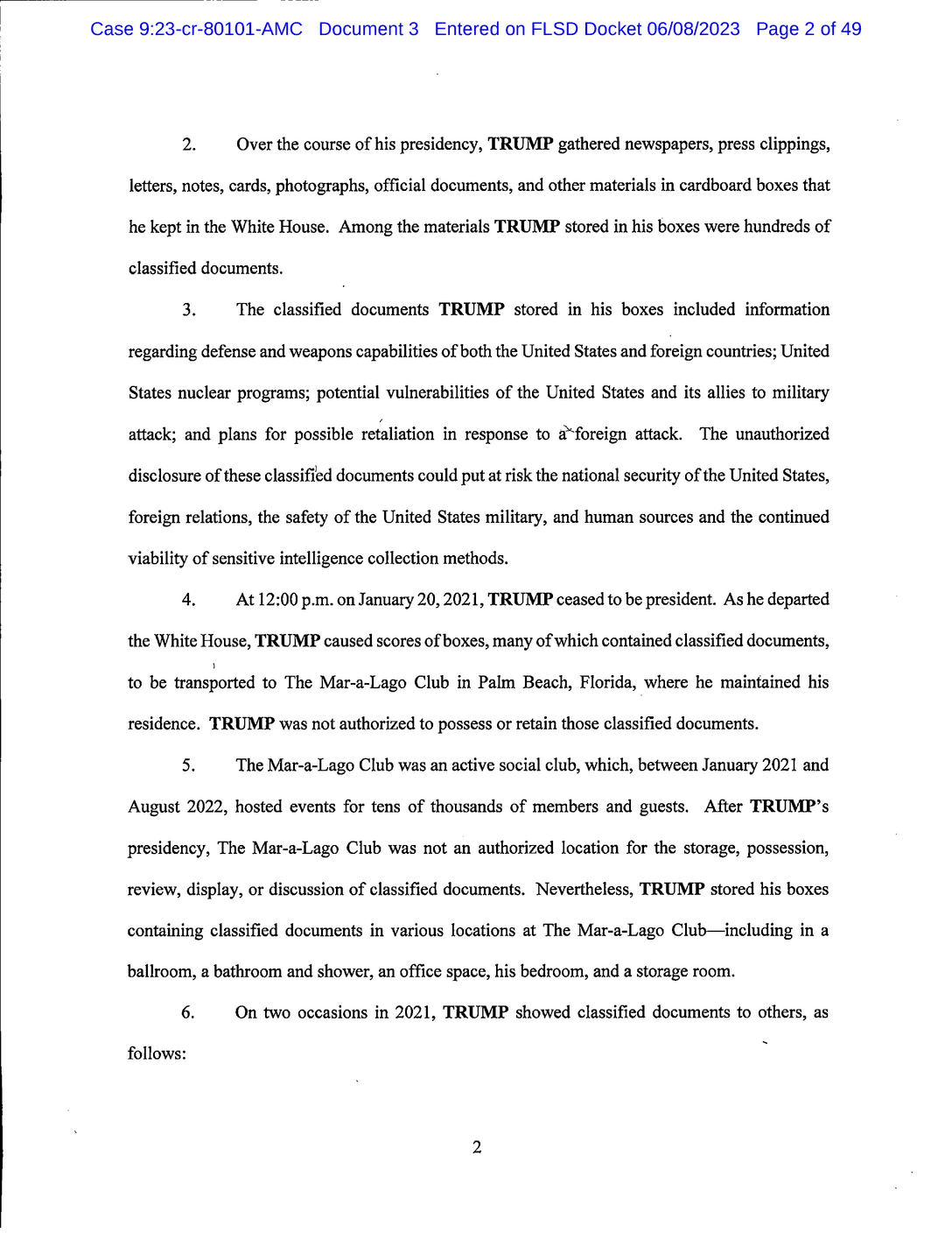 Page 2 of Donald Trump Classified Documents Indictment PDF document.