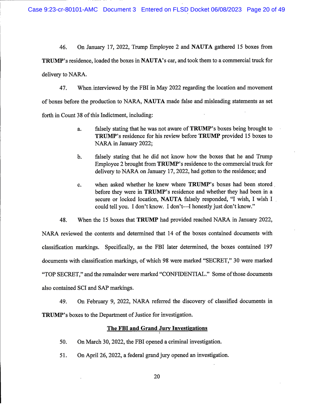 Page 20 of Donald Trump Classified Documents Indictment PDF document.