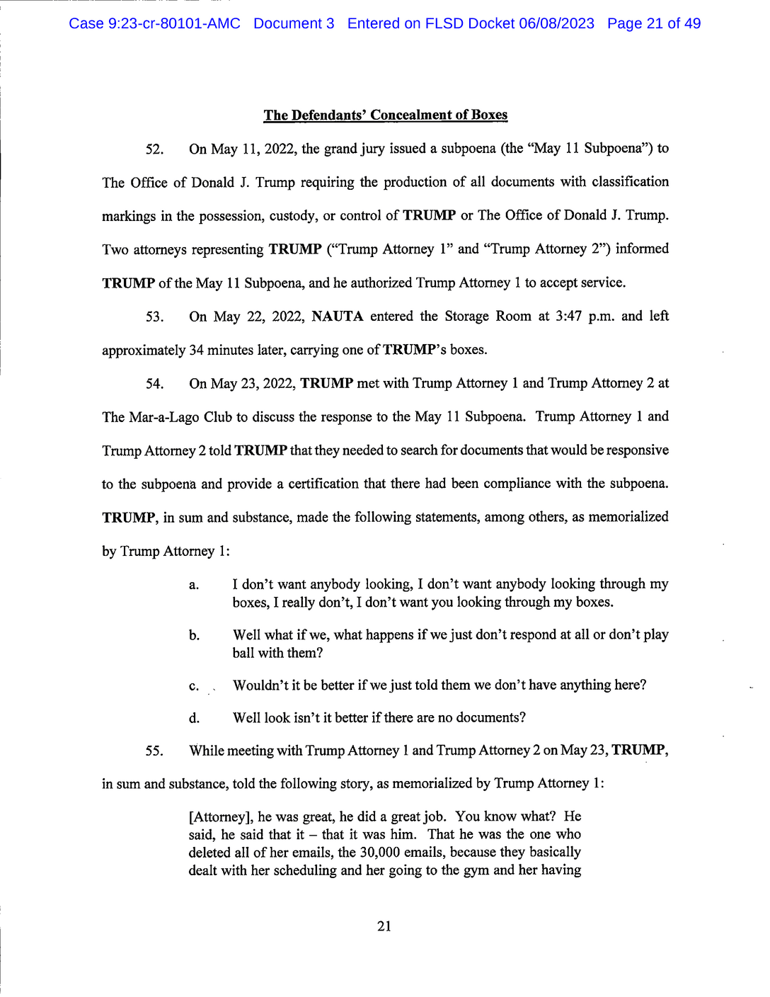 Page 21 of Donald Trump Classified Documents Indictment PDF document.