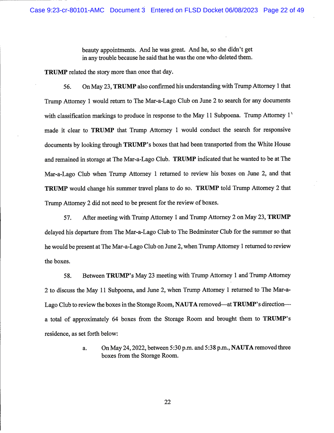 Page 22 of Donald Trump Classified Documents Indictment PDF document.