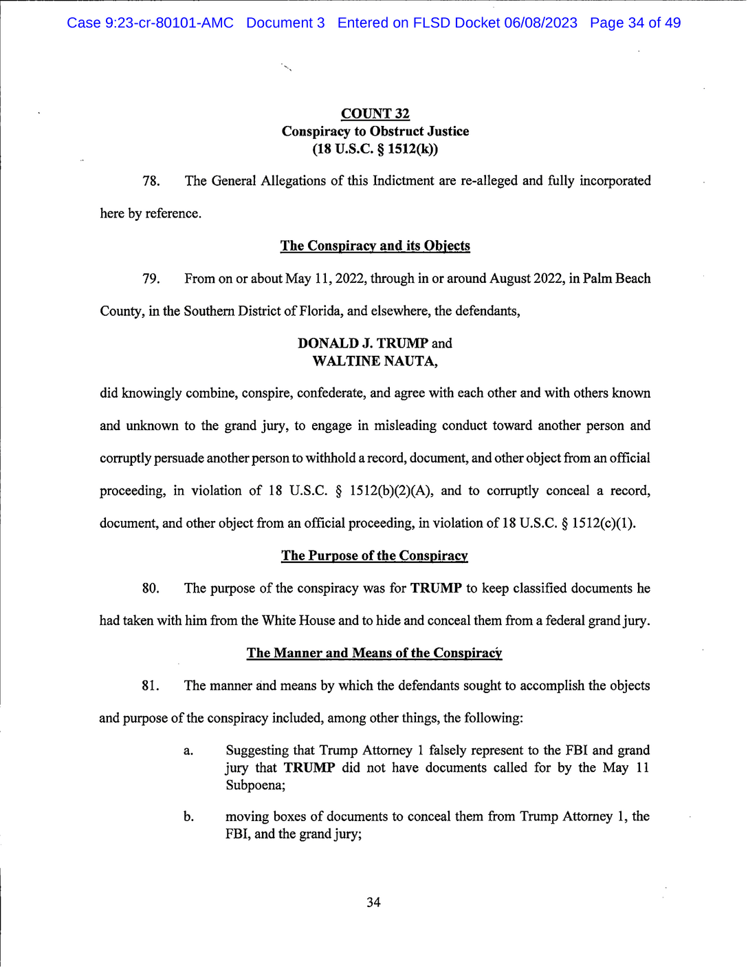 Page 34 of Donald Trump Classified Documents Indictment PDF document.