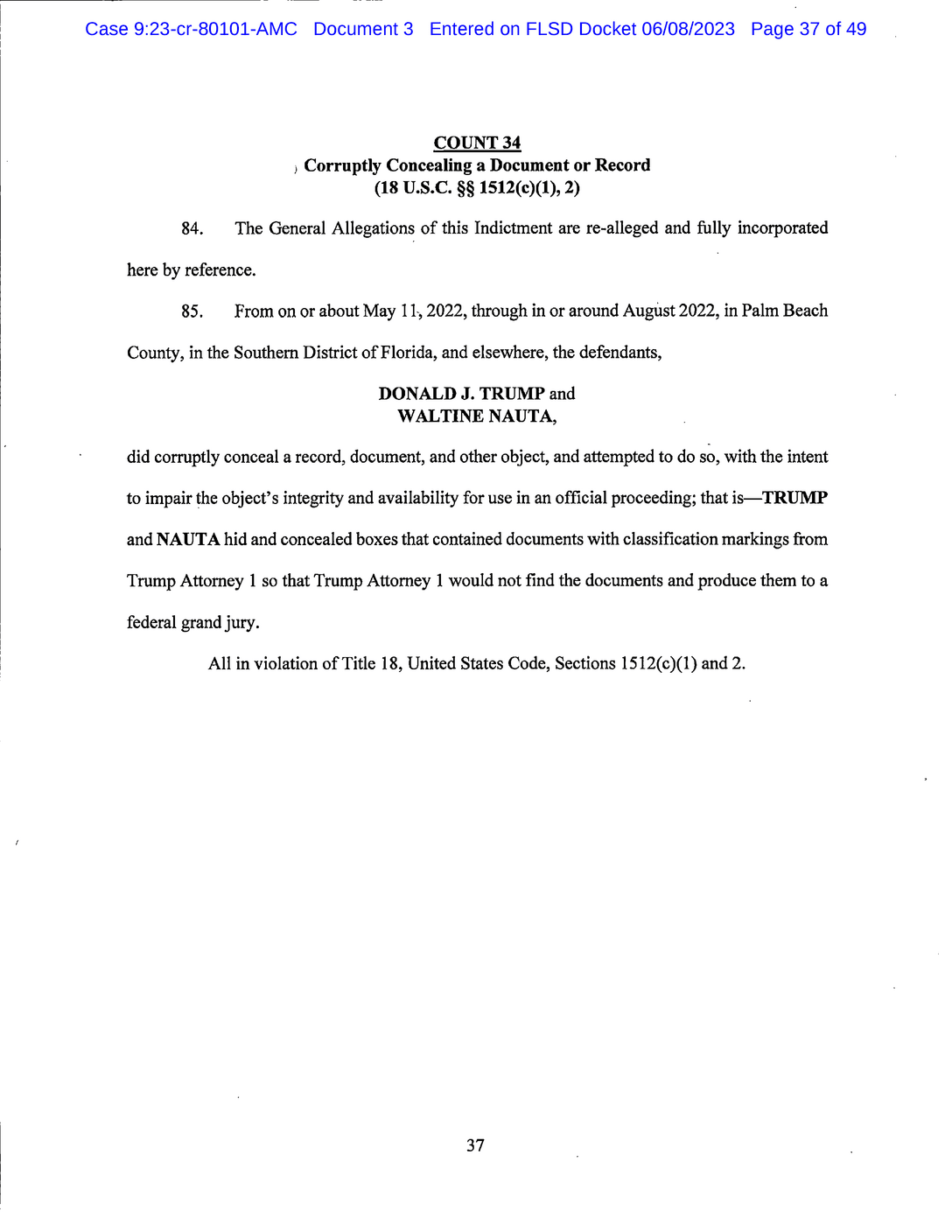 Page 37 of Donald Trump Classified Documents Indictment PDF document.