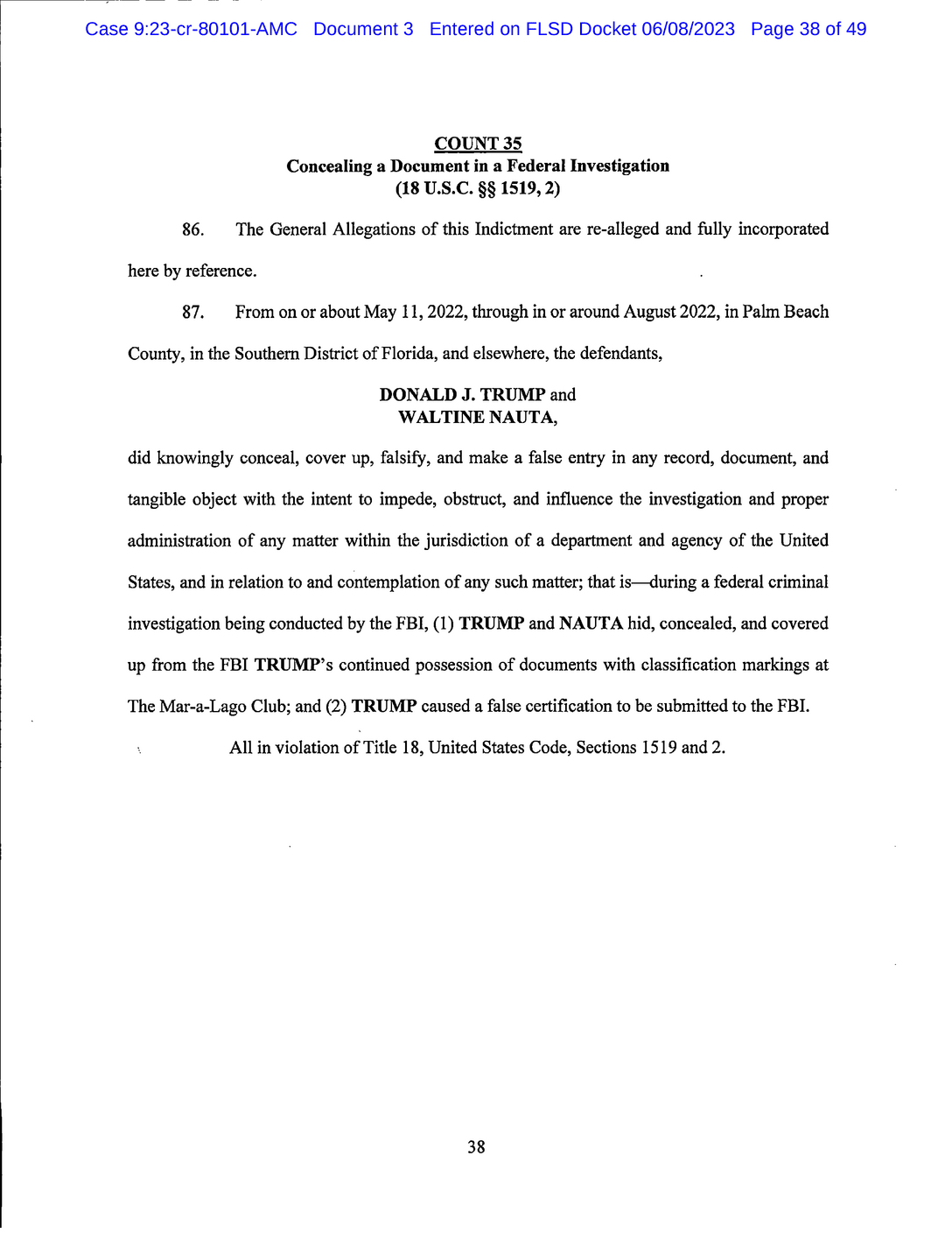 Page 38 of Donald Trump Classified Documents Indictment PDF document.
