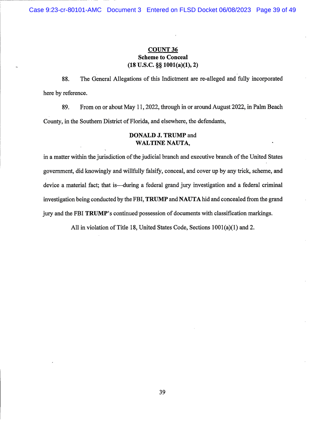 Page 39 of Donald Trump Classified Documents Indictment PDF document.