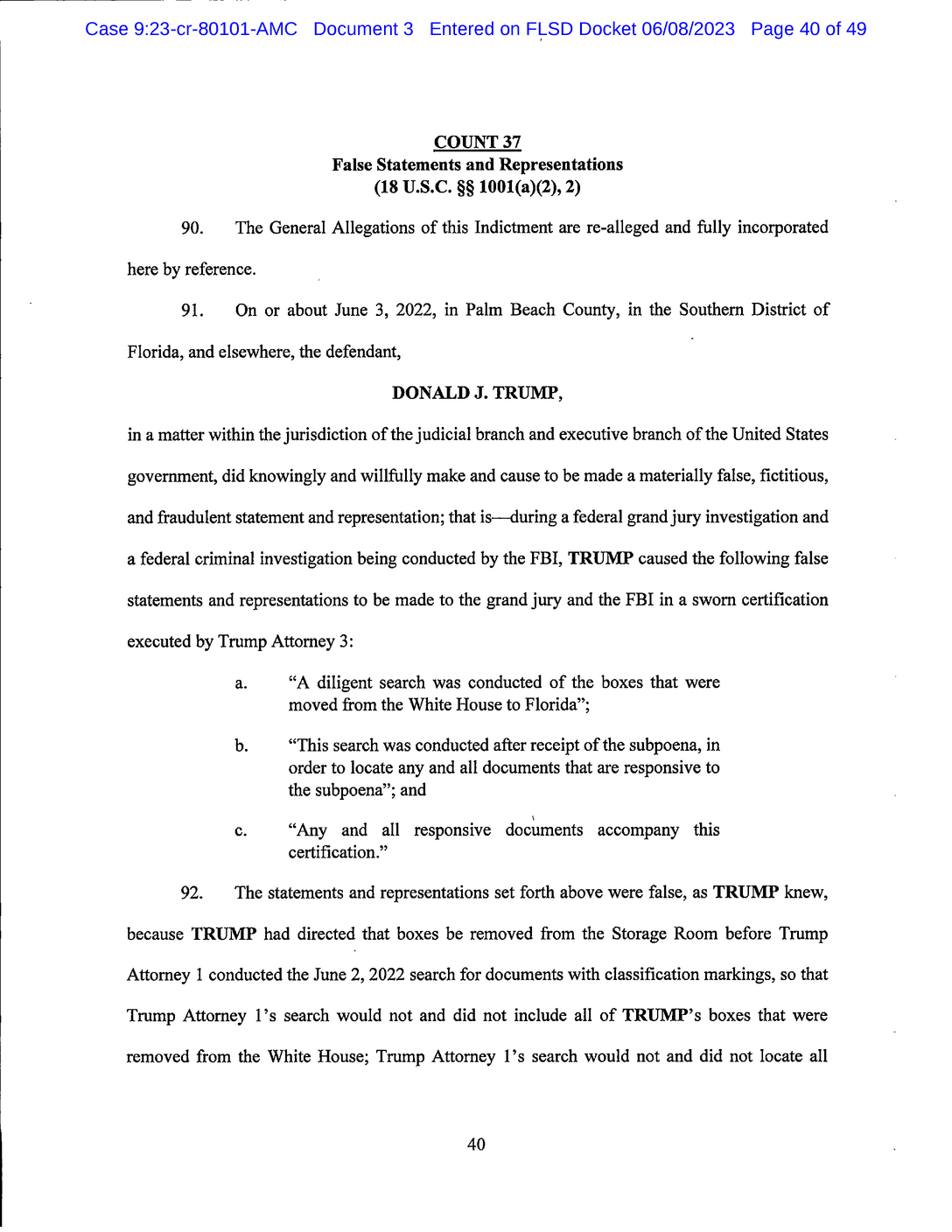 Page 40 of Donald Trump Classified Documents Indictment PDF document.