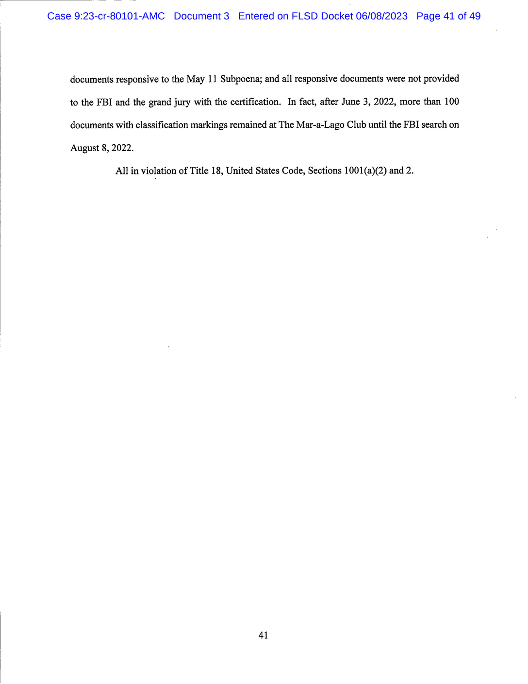 Page 41 of Donald Trump Classified Documents Indictment PDF document.