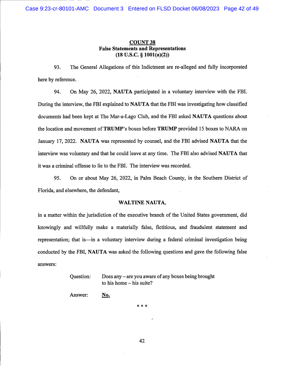 Page 42 of Donald Trump Classified Documents Indictment PDF document.
