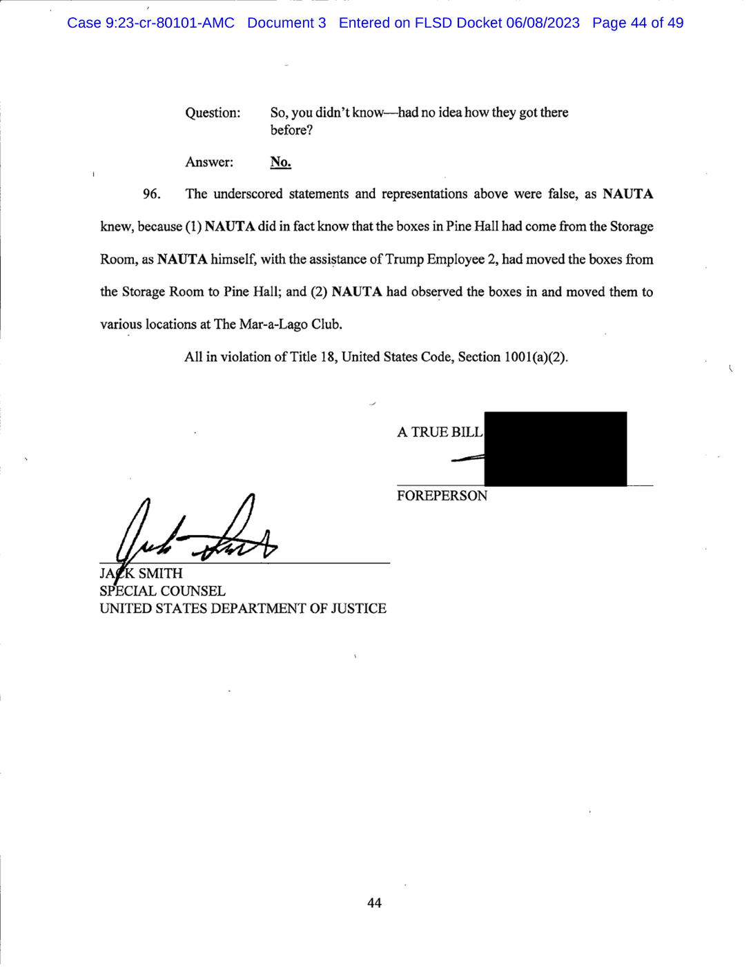 Page 44 of Donald Trump Classified Documents Indictment PDF document.